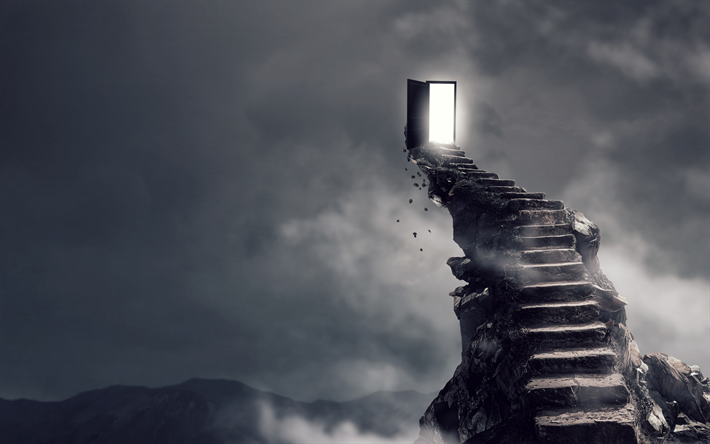 right way concepts, staircase, light at the end, gray background, fantasy