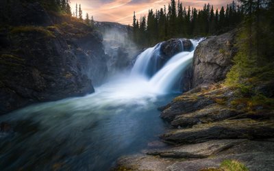mountain waterfall, lake, mountain river, sunset, forest, evening