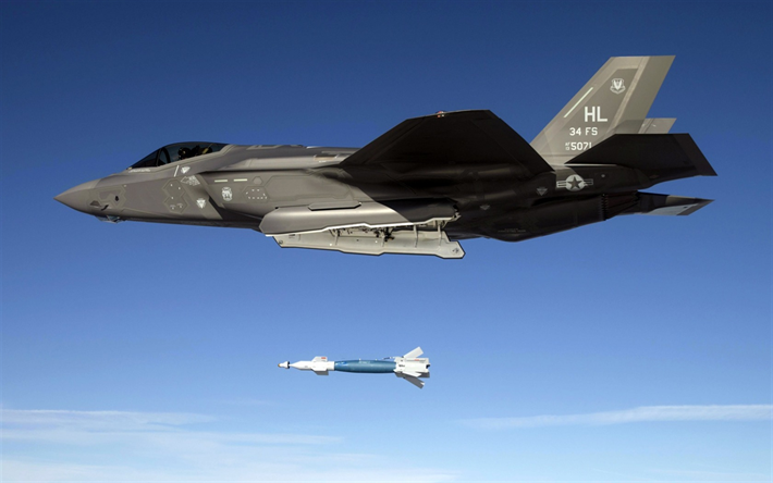 Lockheed Martin F-35A Lightning II, JDAM, lanzamiento de misiles, bombardeos, bombardero Estadounidense, la Fuerza A&#233;rea de EEUU, estados UNIDOS