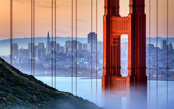 Puente Golden Gate, San Francisco, estados UNIDOS, puesta de sol, noche, paisaje urbano, puente