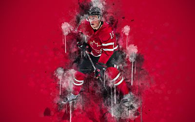 Jonathan Toews, 4k, Canadian hockey player, red art, grunge style, Canadian hockey team, creative art, splashes, hockey, Canada, red grunge background