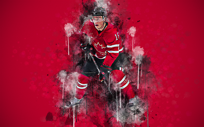 Jonathan Toews, 4k, Canadian hockey player, red art, grunge style, Canadian hockey team, creative art, splashes, hockey, Canada, red grunge background