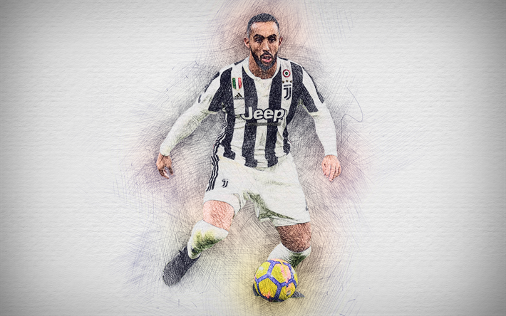 Mehdi Benatia, 4k, œuvres d&#39;art, le football, la Juventus, la Serie A, les Bianconeri, Benatia, le soccer, la Juve, les footballeurs, dessin Mehdi Benatia