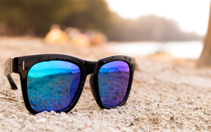 الشاطئ, النظارات الشمسية, السفر في الصيف المفاهيم, الرمال, مساء, غروب الشمس, جزيرة استوائية
