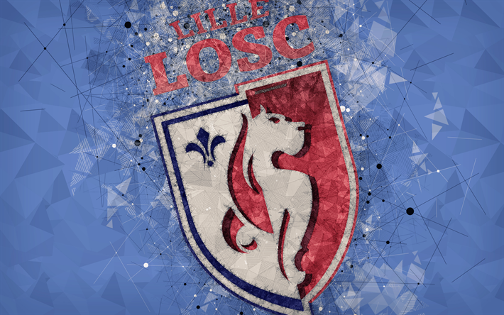 lille osc, 4k, geometrische kunst, franz&#246;sisch fu&#223;ball-club, kreative kunst, logos, emblem, ligue 1, blau abstrakten hintergrund, lille, frankreich, fu&#223;ball