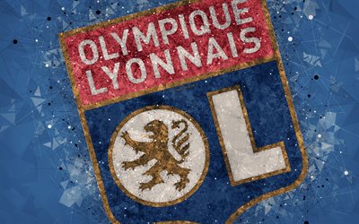 L&#39;Olympique Lyonnais, 4k, geometric art, club fran&#231;ais de football, art cr&#233;atif, logo, embl&#232;me, Ligue 1, abstrait bleu fond, Lyon, France, le football