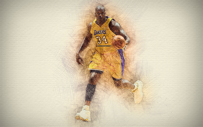 Shaquille ONeal, 4k, 作品, Shaq, バスケットボ星, ロサンゼルスLakers, ONeal, NBA, バスケット, LA Lakers, 図ONeal