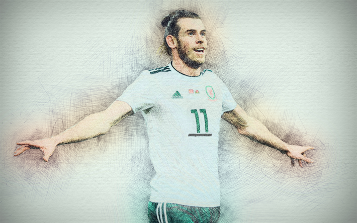 4k, Gareth Bale, Walesisk fotboll, konstverk, Bale, fotboll, fotbollsspelare, ritning Bale, Wales Landslag