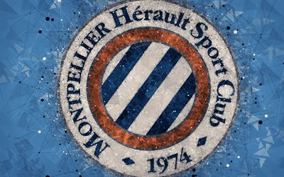 Montpellier HSC, 4k, geometric art, French football club, creative art, logo, emblem, Ligue 1, blue abstract background, Montpellier, France, football, Montpellier FC