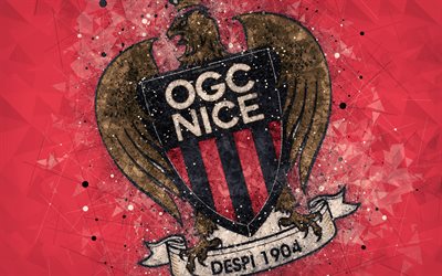 OGC Nice, 4k, geometric art, French football club, creative art, logo, emblem, Ligue 1, red abstract background, Nice, France, football