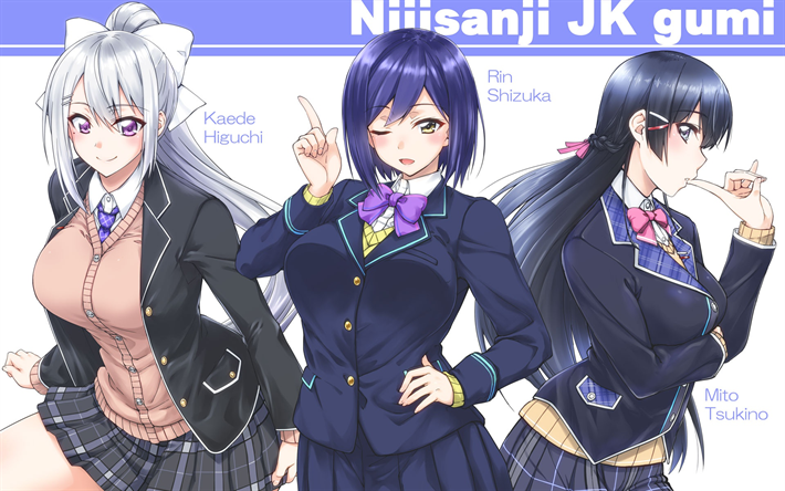 Nijisanji group, Higuchi Kaede, Virtual Japon&#234;s Youtuber, Tsukino Mito, Shizuka Rin, menina de escola grupo, arte, Mang&#225; japon&#234;s, personagens de anime