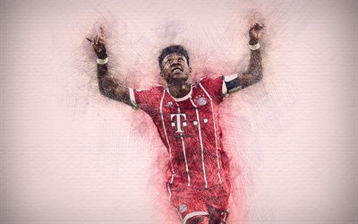 David Alaba, 4k, sanat, futbol yıldızları, Bayern M&#252;nih, Alaba, futbol, Bundesliga, futbolcular, &#231;izim David Alaba, FC Bayern M&#252;nih