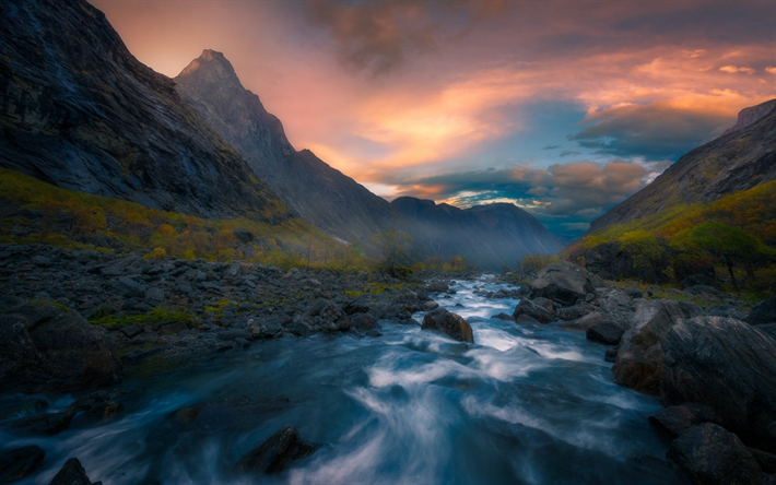 mountain landscape, Andes, mountain river, evening, sunset, Chile