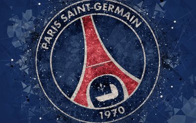 Le PSG, 4k, geometric art, club fran&#231;ais de football, le Paris Saint-Germain, art cr&#233;atif, logo, embl&#232;me, Ligue 1, abstrait bleu fond, Paris, France, le football