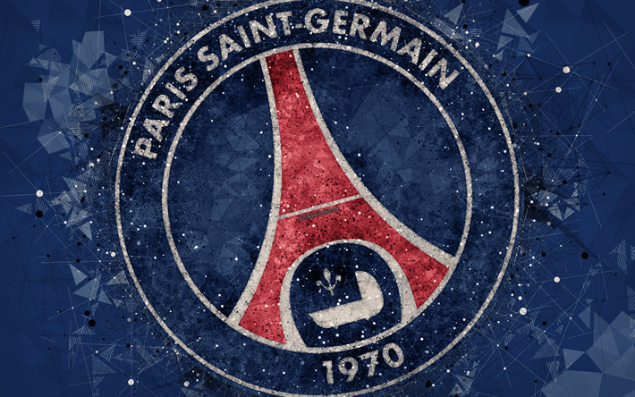 PSG, 4k, geometriska art, Franska fotbollsklubben, Paris Saint-Germain, kreativ konst, logotyp, emblem, Ligue 1, bl&#229; abstrakt bakgrund, Paris, Frankrike, fotboll