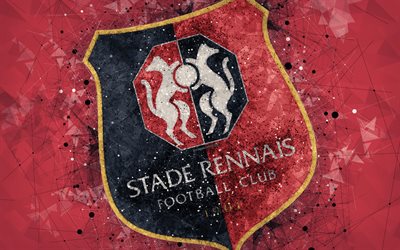 Stade Rennais FC, 4k, el arte geom&#233;trico, franc&#233;s club de f&#250;tbol, arte creativo, logotipo, emblema, la Ligue 1, rojo abstracto de fondo, Rennes, Francia, f&#250;tbol