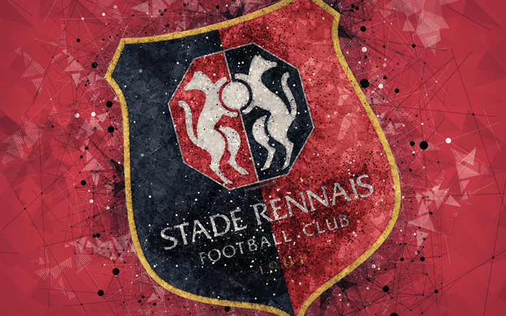 Stade Rennes FC, 4k, geometriska art, Franska fotbollsklubben, kreativ konst, logotyp, emblem, Ligue 1, red abstrakt bakgrund, Rennes, Frankrike, fotboll