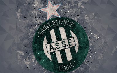 AS Saint-Etienne, 4k, geometric art, French football club, creative art, green logo, emblem, Ligue 1, gray abstract background, Saint Etienne, France, football