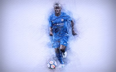 Ngolo Kante, 4k, sanat, futbol yıldızları, Chelsea, futbol, Premier Lig, Kante, futbolcular, Ngolo Kante &#231;izim, FC Chelsea