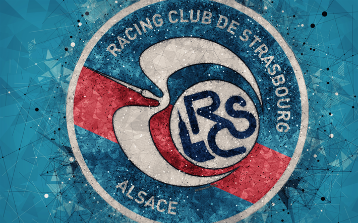 1 RC Strasbourg Alsace, 4k, geometrik sanat, Fransız futbol kul&#252;b&#252;, yaratıcı sanat, mavi logo, amblem, İzle, mavi soyut arka plan, Strazburg, Fransa, futbol