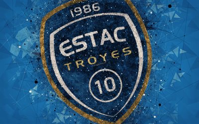 1 ES Troyes AC, 4k, geometrik sanat, Fransız futbol kul&#252;b&#252;, yaratıcı sanat, mavi logo, amblem, İzle, mavi soyut arka plan, Troyes, Fransa, futbol