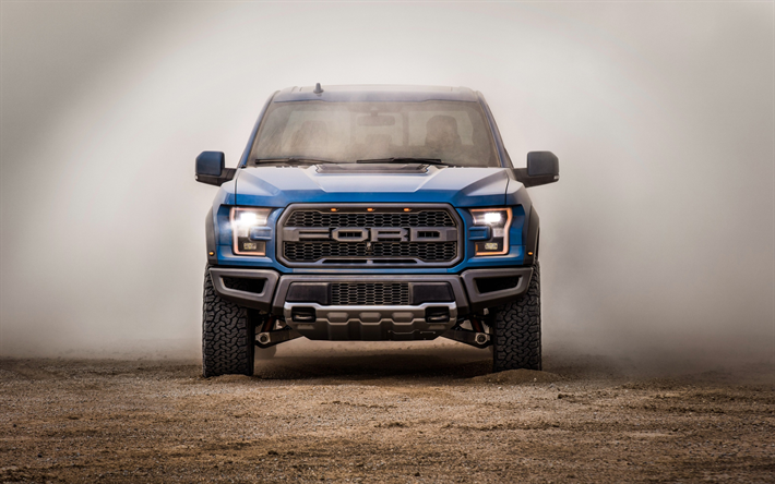 Ford F-150 Raptor, SuperCrew, 2019, front view, exterior, new blue F-150, American pickup trucks, desert, USA, Ford