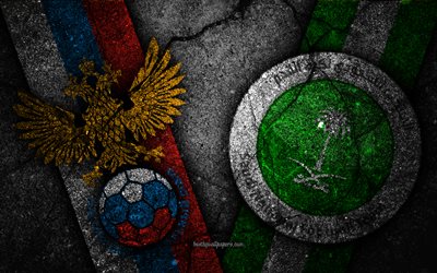Russia vs Saudi Arabia, 4k, FIFA World Cup 2018, logo, Russia 2018, Soccer World Cup, Saudi Arabia vs Russia, black stone