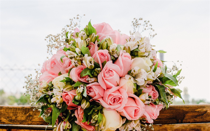 wedding bouquet, pink roses, floral decoration, roses, pink rose buds