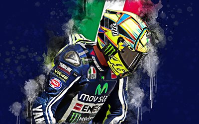 Valentino Rossi, 4k, grunge-tyyliin, muotokuva, creative art, Italian lipun, paint taidetta, roiskeet, MotoGP, Movistar Yamaha joukkue, Italian moottoripy&#246;r&#228;n racer, yhdeks&#228;n kertaa maailmanmestari