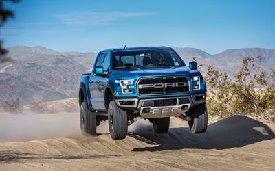 Ford F-150 Raptor, 2019, SuperCrew, American SUV, pickup truck, exterior, new blue F-150 Raptor, jumping on the SUV, American cars, Ford