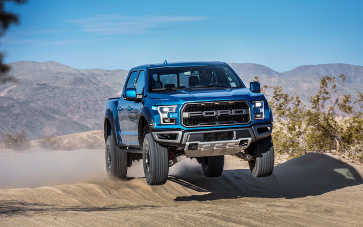 Ford F-150 Raptor, 2019, SuperCrew, American SUV, camioneta, exterior, azul nuevo F-150 Raptor, saltando en el de los SUV, coches Americanos, Ford