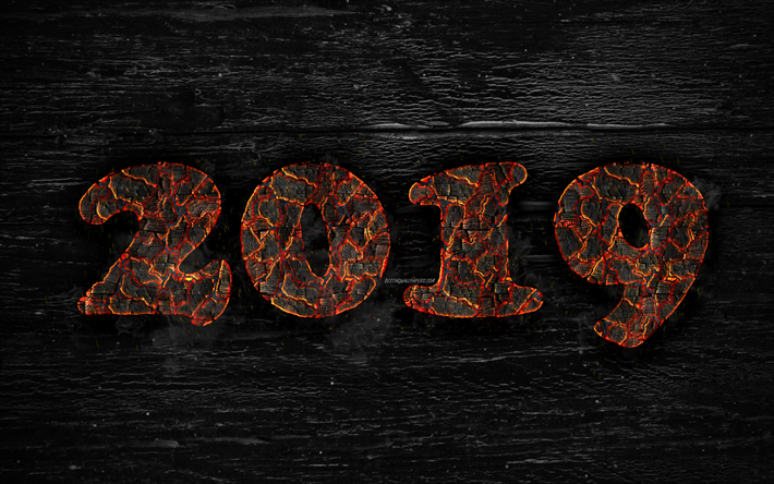 2019 year, 4k, fiery letters, artwork, 2019 concepts, wooden texture, creative, Happy New Year 2019