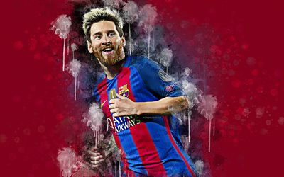 Lionel Messi, 4k, Barcelona FC, grunge style, paint art, splashes of paint, creative portrait, burgundy grunge background, Argentinian football player, LaLiga, football, Spain