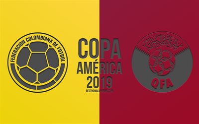 Colombia vs Qatar, 2019 Copa America, partita di calcio, promo, Copa America 2019 Brasile, CONMEBOL, il Sud del Campionato di Football Americano, arte creativa, Colombia, squadra nazionale di calcio, squadra nazionale di calcio del Qatar