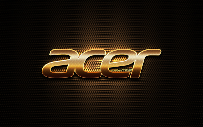 Acer glitter logo, creative, metal grid background, Acer logo, brands, Acer