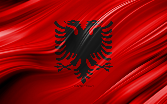 4k, アルバニアのフラグ, 欧州諸国, 3D波, 旗のアルバニア, 国立記号, アルバニア3Dフラグ, 美術, 欧州, アルバニア