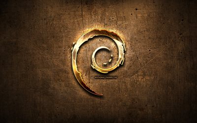 Debian golden logo, Linux, artwork, brown metal background, creative, Debian logo, brands, Debian