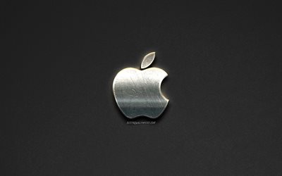 Appleのロゴ, 鋼のマーク, ブランド, 鋼美術, グレーの石背景, 【クリエイティブ-アート, Apple, エンブレム