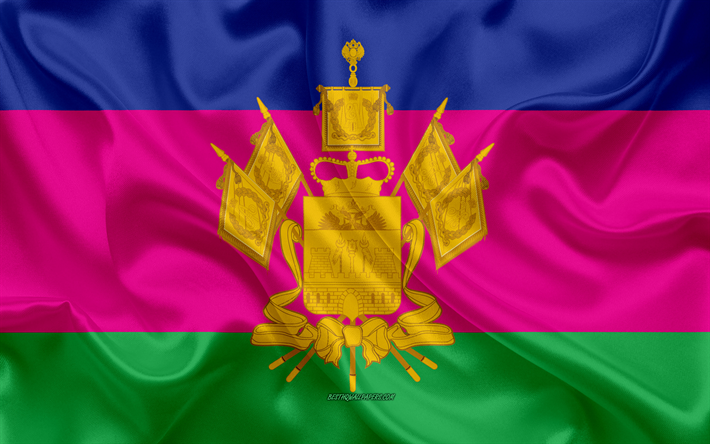 Bandiera del territorio di Krasnodar, 4k, seta, bandiera, soggetti Federali della Russia, Krasnodar Krai bandiera, Russia, texture, territorio di Krasnodar, Federazione russa