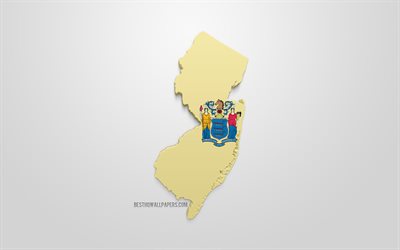 3d-flagga i New Jersey, karta siluett of New Jersey, AMERIKANSKA staten, 3d-konst, New Jersey 3d-flagga, USA, Nordamerika, New Jersey, geografi, New Jersey 3d siluett
