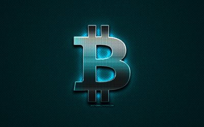Bitcoin glitter-logo, luova, kryptovaluutta, sininen metalli tausta, Bitcoin-logo, merkkej&#228;, Bitcoin