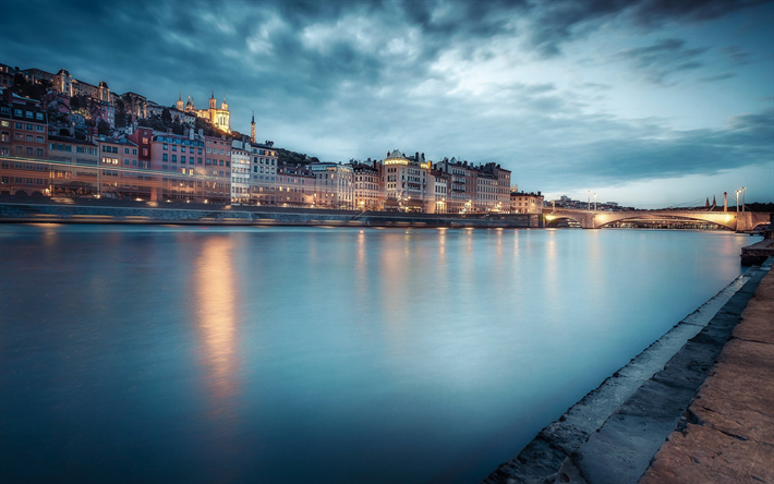 Lyon, Rhone river, cityscape, embankment, bridges, sunset, evening, France