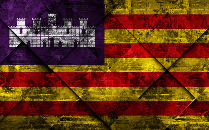 Flaggan i Balearerna, 4k, grunge konst, rhombus grunge textur, spanska provinsen, Balearic Islands flagga, Spanien, nationella symboler, Balearerna, provinserna i Spanien, kreativ konst