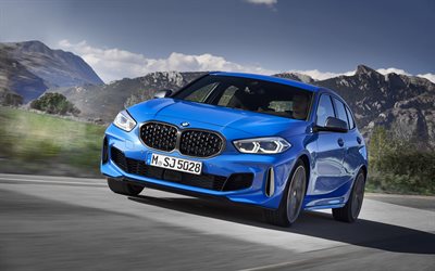 BMW 1 Series, 2020, BMW M135i, exterior, front view, blue hatchback, new blue M1, German cars, BMW