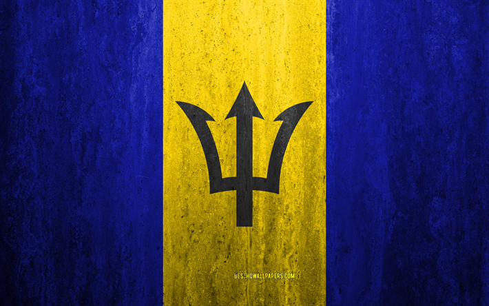 Flagga av Barbados, 4k, sten bakgrund, grunge flagga, Nordamerika, Barbados flagga, grunge konst, nationella symboler, Barbados, sten struktur