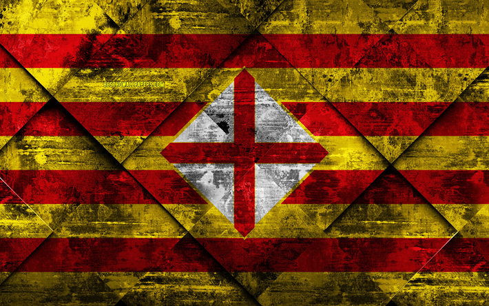 Flag of Barcelona, 4k, grunge art, rhombus grunge texture, spanish province, Barcelona province flag, Spain, national symbols, Barcelona, provinces of Spain, creative art