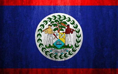 Flag of Belize, 4k, stone background, grunge flag, North America, Belize flag, grunge art, national symbols, Belize, stone texture