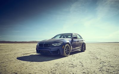 BMW M3, 2019, F80, 青色のマットM3, チューニングM3, 砂漠, ドイツ車, セダン, BMW