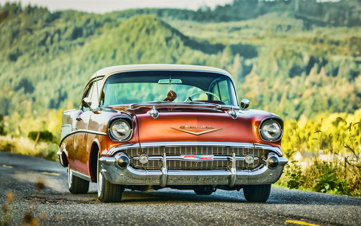Chevrolet Bel Air, HDR, 1957 carros, estrada, retro carros, 1957 Chevrolet Bel Air, os carros americanos, Chevrolet