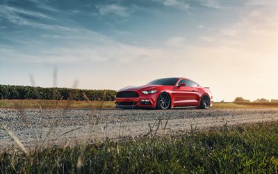Ford Mustang, 2019, kırmızı spor coupe, tuning Mustang, dış, siyah jantlar, Mustang GT, Amerikan spor otomobil, Ford